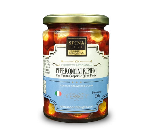 Peperoncini Ripieni con tonno, capperi e olive verdi con olio evo 330 g